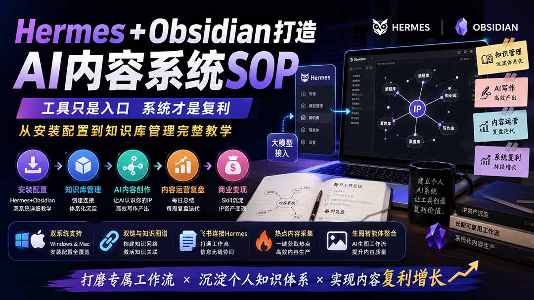 Hermes+Obsidian打造AI内容系统SOP；工具只是入口系统才是复利，从安装配置到知识库管理完整教学-副业网