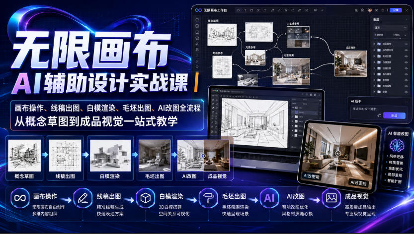 无限画布AI辅助设计实战课｜画布操作、线稿出图、白模渲染、毛坯出图、AI改图全流程，从概念草图到成品视觉一站式教学-副业网