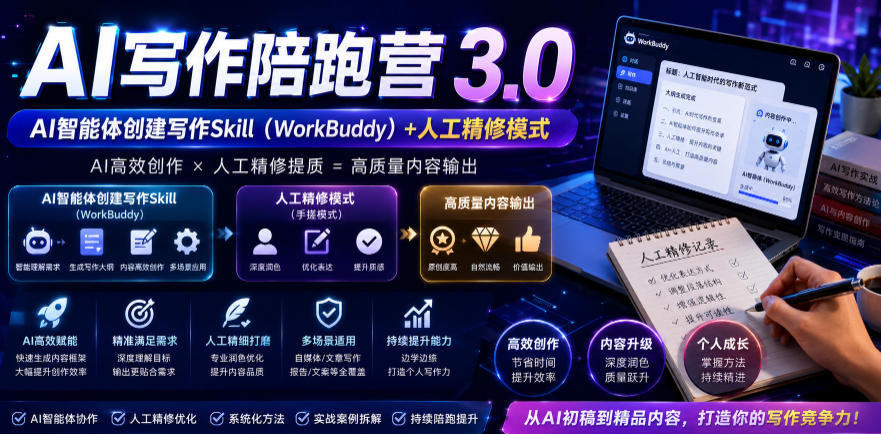 AI写作陪跑营3.0，Ai智能体创建写作skill(workbuddy)+人工手写模式(手搓模式)，去除AI痕迹(头条号、公众号、百家号)(更新0814)-副业网