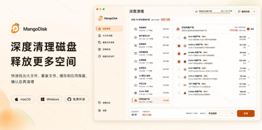 图片[2]-在Gtihub上做出10万stars的大神，又发布新项目了！一键让磁盘更干净，开源免费清理工具MangoDisk-副业网