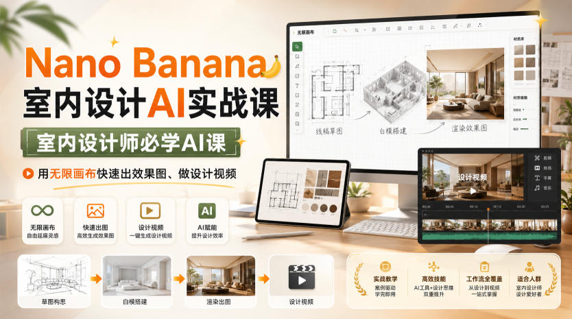 Nano Banana室内设计AI实战课，室内设计师必学AI课，用无限画布快速出效果图、做设计视频-副业网