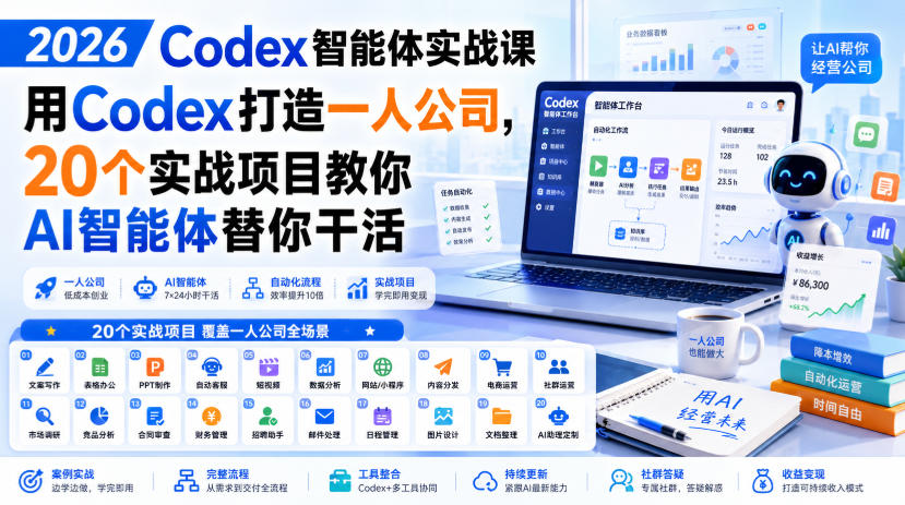 2026 Codex智能体实战课，用Codex打造一人公司，20个实战项目教你AI智能体替你干活-副业网