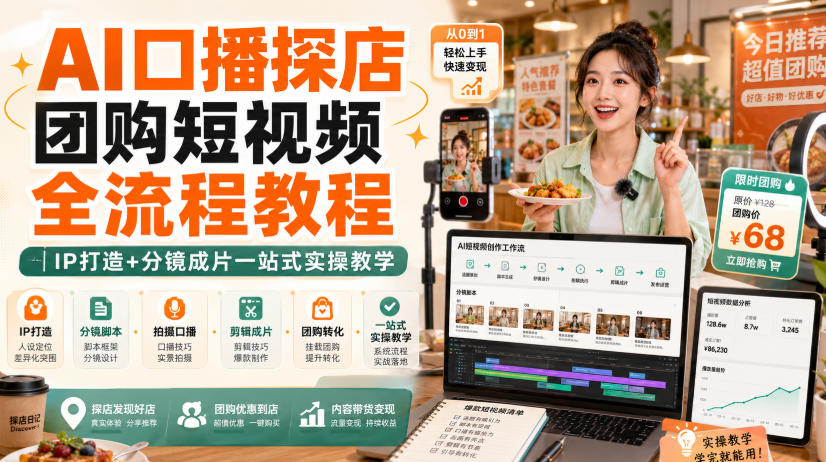 AI口播探店团购短视频全流程教程｜IP打造+分镜成片一站式实操教学-副业网