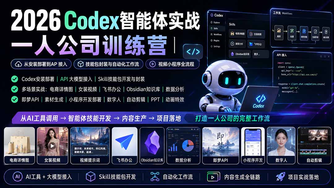 图片[2]-2026Codex智能体实战｜一人公司训练营｜从安装部署到API接入｜技能包封装与自动化工作流｜视频小程序全流程-副业网