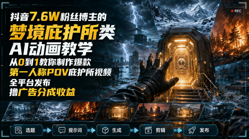 抖音7.6W粉丝博主的梦境庇护所类AI动画教学，从0到1教你制作爆款第一人称POV庇护所视频，全平台发布撸广告分成收益-副业网