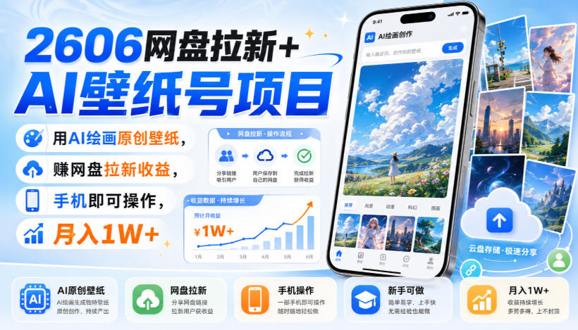 2606网盘拉新+AI壁纸号项目，用AI绘画原创壁纸，賺网盘拉新收益，手机即可操作，月入1W+-副业网