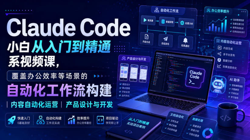 Claude Code小白从入门到精通系视频课，覆盖办公效率等场景的自动化工作流构建|内容自动化运营|产品设计与开发-副业网