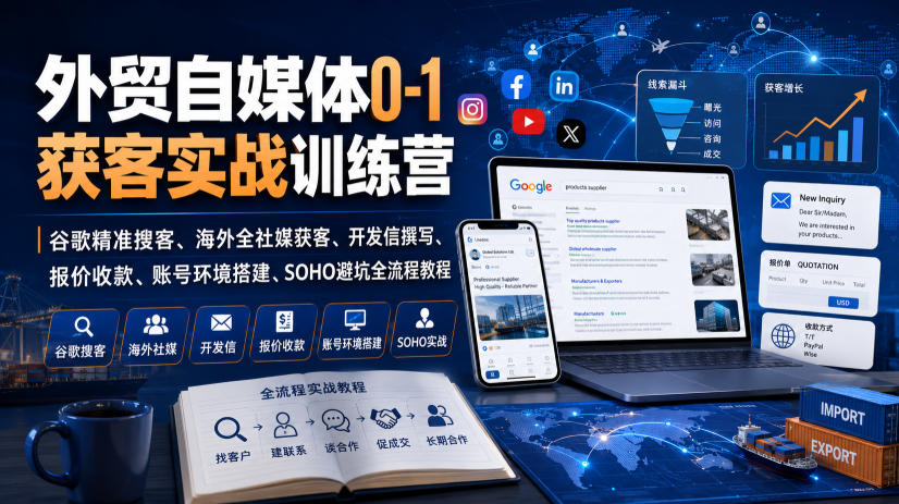 外贸自媒体0-1获客实战训练营｜谷歌精准搜客、海外全社媒获客、开发信撰写、报价收款、账号环境搭建、SOHO避坑全流程教程(更新)-副业网