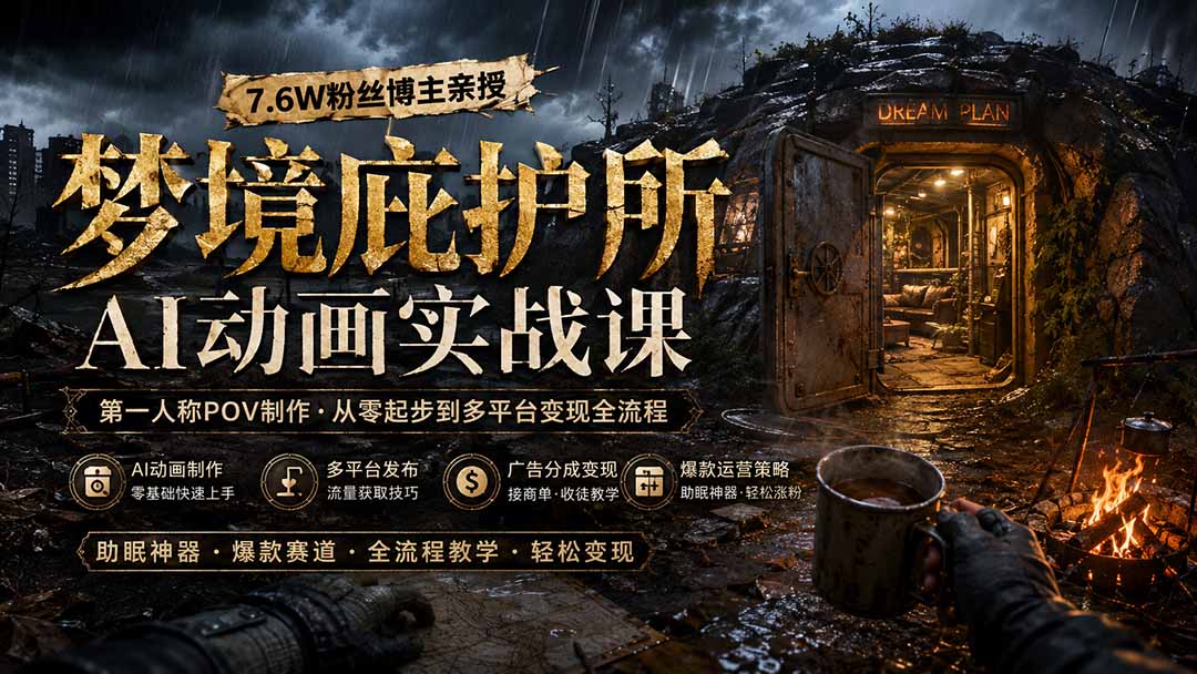 梦境庇护所AI动画实战课：7.6W粉丝博主亲授第一人称POV制作，从零起步到多平台发布变现全流程-副业网