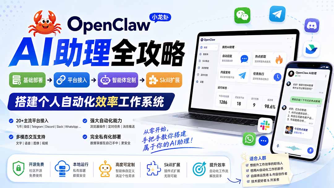 OpenClaw小龙虾 AI助理全攻略：基础部署→平台接入→智能体定制→Skill扩展，搭建个人自动化效率工作系统-副业网