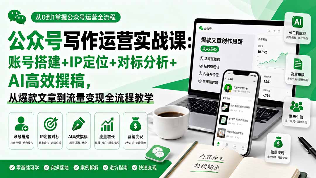 公众号写作运营实战课：账号搭建+IP定位+对标分析+AI高效撰稿，从爆款文章到流量变现全流程教学-副业网