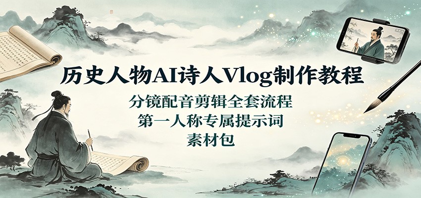 历史人物AI诗人Vlog制作教程：分镜配音剪辑全套流程，第一人称专属提示词素材包-副业网