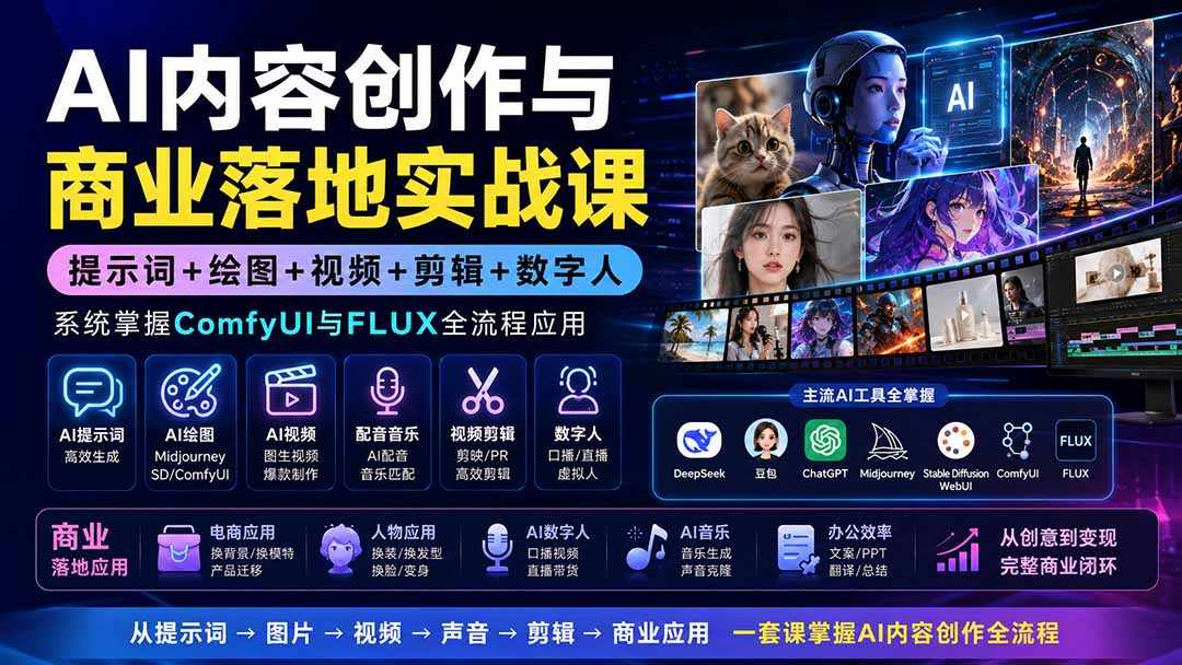 AI内容创作与商业落地实战课：提示词+绘图+视频+剪辑+数字人，系统掌握ComfyUI与FLUX全流程应用-副业网