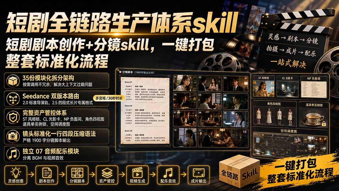 短剧全链路生产体系skill，短剧剧本创作+分镜skill，一键打包，整套标准化流程-副业网