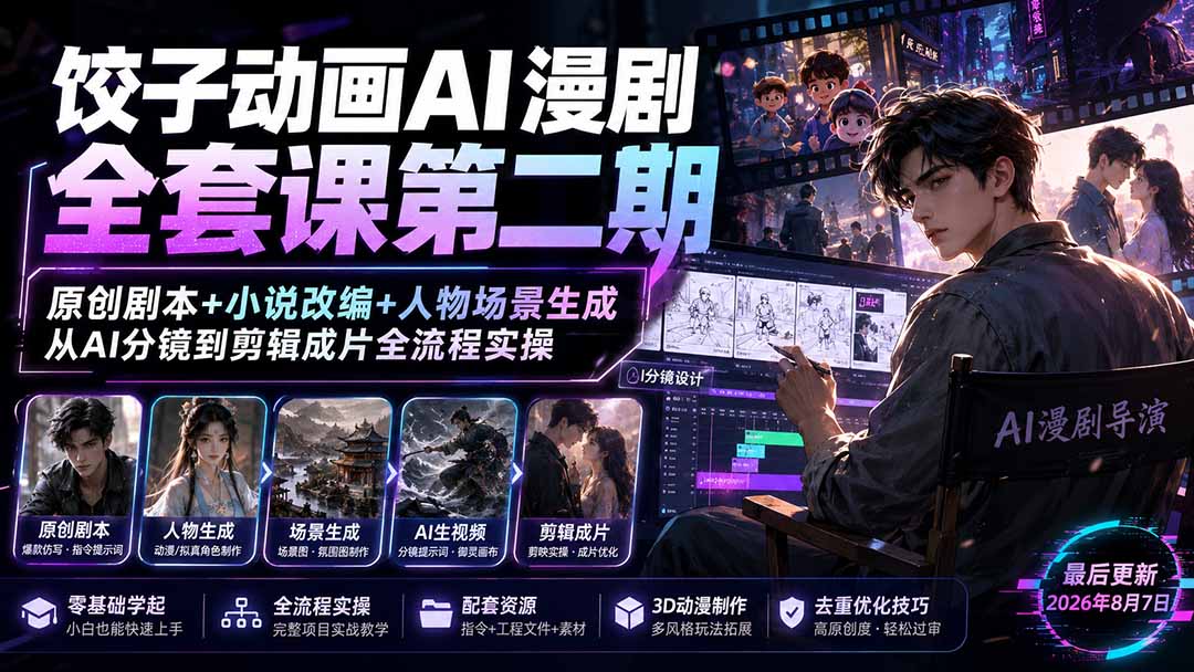 饺子动画AI漫剧全套课第二期：原创剧本+小说改编+人物场景生成，从AI分镜到剪辑成片全流程实操-副业网