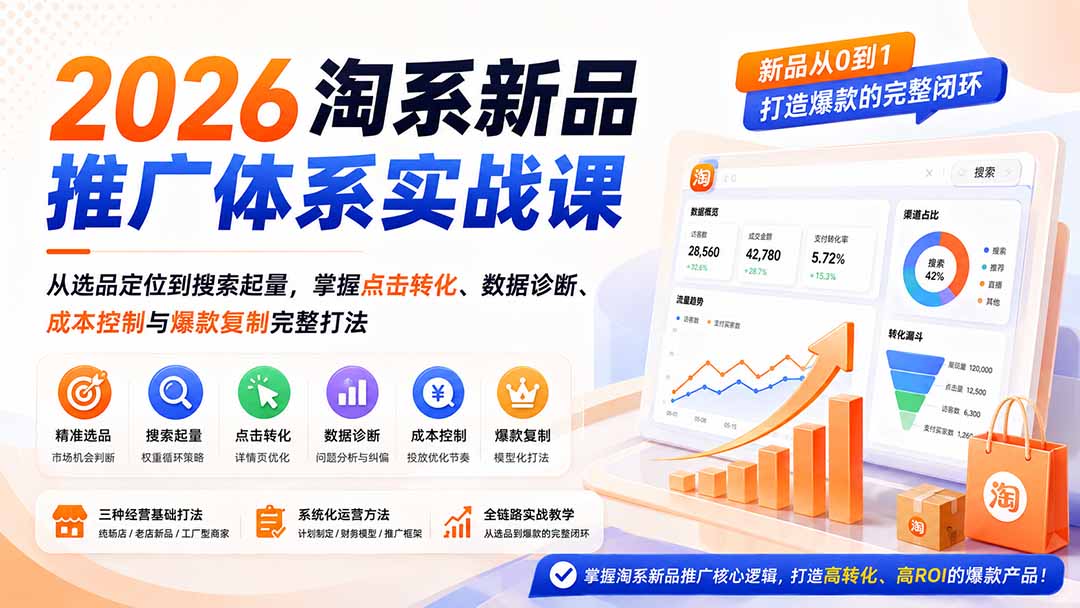 2026淘系新品推广体系实战课：从选品定位到搜索起量，掌握点击转化、数据诊断、成本控制与爆款复制完整打法-副业网