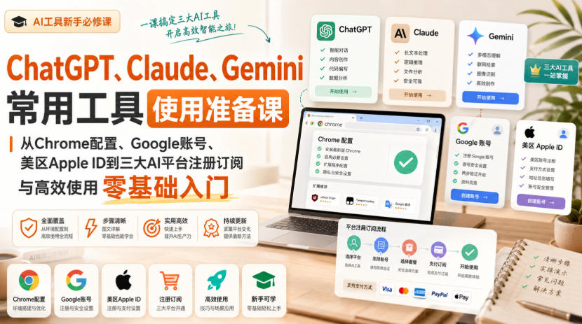 ChatGPT、Claude、Gemini常用工具使用准备课｜从Chrome配置、Google账号、美区Apple ID到三大AI平台注册订阅与高效使用零基础入门-副业网