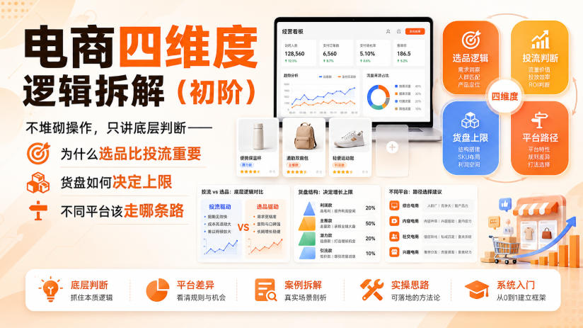 电商四维度逻辑拆解(初阶)不堆砌操作，只讲底层判断——为什么选品比投流重要、货盘如何决定上限、不同平台该走哪条路-副业网
