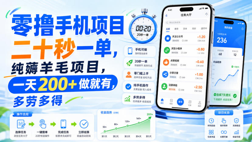 零撸手机项目，二十秒一单，纯薅羊毛项目，一天200+做就有，多劳多得【揭秘】-副业网