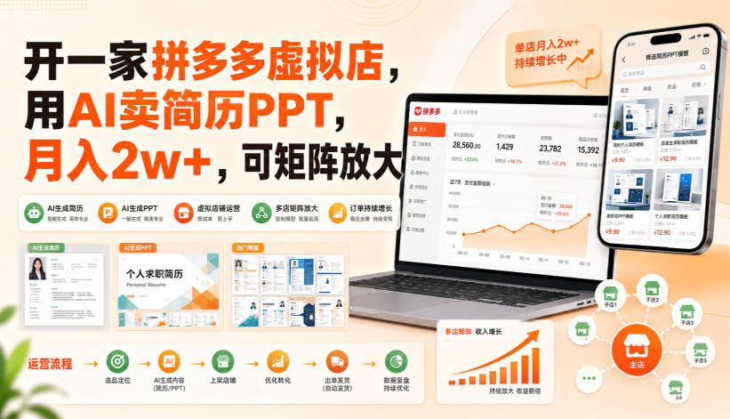 开一家拼多多虚拟店，用AI卖简历PPT，月入2w+，可矩阵放大【揭秘】-副业网