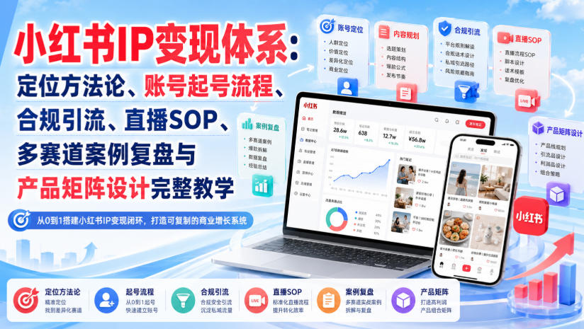 小红书IP变现体系：定位方法论、账号起号流程、合规引流、直播SOP、多赛道案例复盘与产品矩阵设计完整教学-副业网