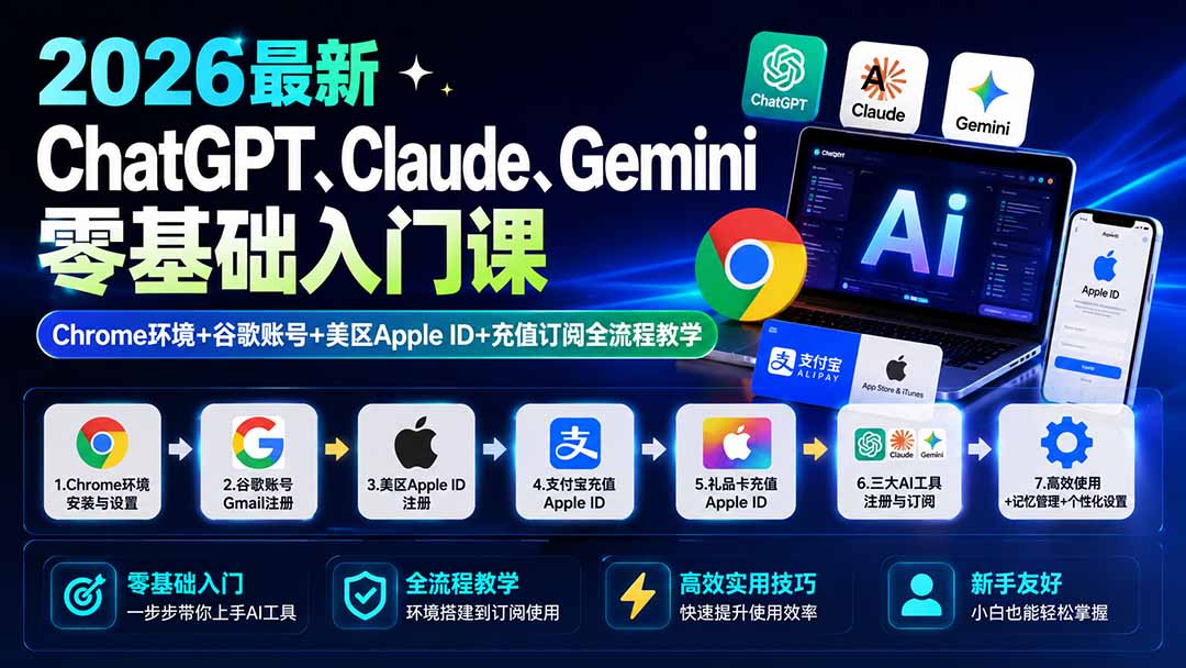 2026最新ChatGPT、Claude、Gemini零基础入门课：Chrome环境+谷歌账号+美区Apple ID+充值订阅全流程教学-副业网