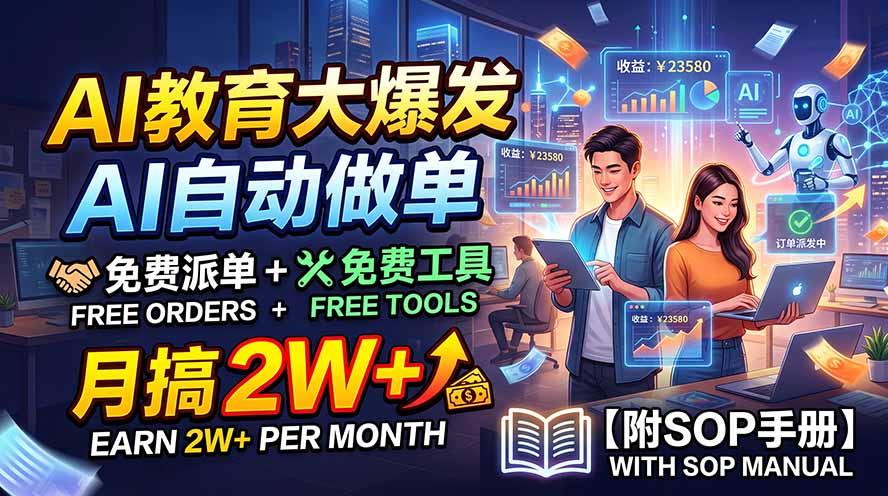 AI教育大爆发，AI自动做单，免费派单+免费工具，月搞2W+【附SOP手册】-副业网