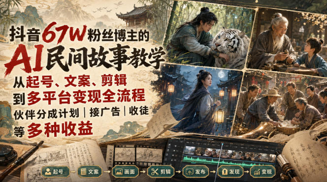 抖音67W粉丝博主的AI民间故事教学，从起号、文案、剪辑到多平台变现全流程，伙伴分成计划接广告等多种收益，月入1W+-副业网