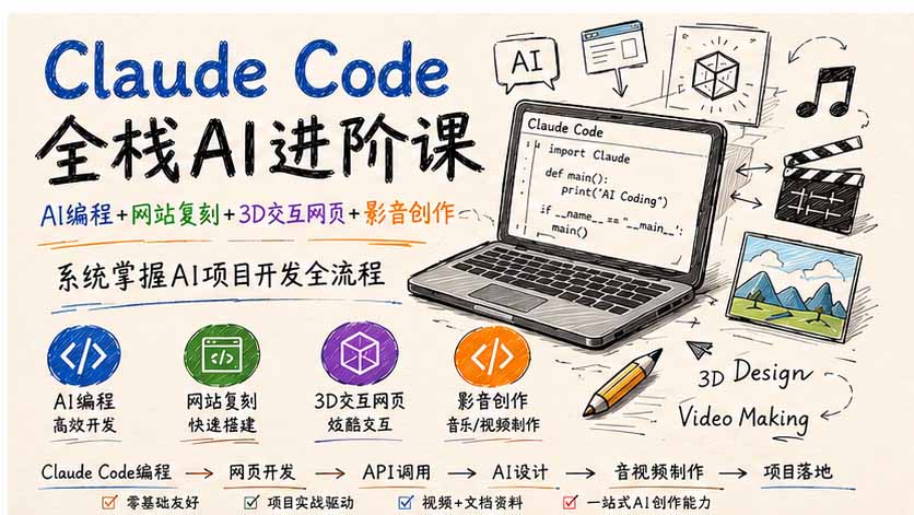 Claude Code全栈AI进阶课；AI编程+网站复刻+3D交互网页+影音创作，系统掌握AI项目开发全流程-副业网