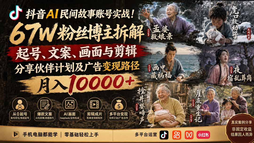 图片[2]-抖音AI民间故事账号实战！67W粉丝博主拆解起号、文案、画面与剪辑，分享伙伴计划及广告变现路径，月入10000+-副业网
