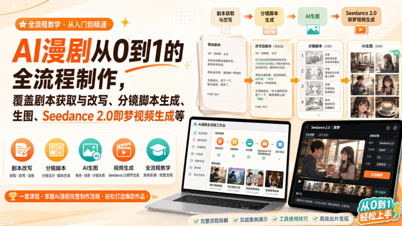 AI漫剧从0到1的全流程制作，覆盖剧本获取与改写、分镜脚本生成、角色场景生图与三视图、Seedance 2.0即梦视频生成(PDF版)-副业网