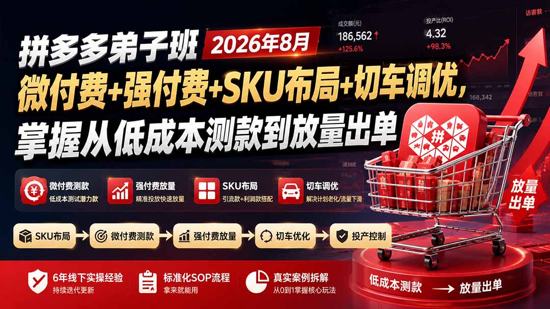 拼多多弟子班2026年8月：微付费+强付费+SKU布局+切车调优，掌握从低成本测款到放量出单-副业网