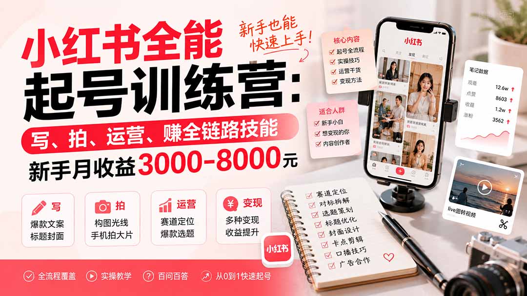 图片[2]-小红书全能起号训练营-更新：写、拍、运营、赚全链路技能，新手月收益3000-8000元-副业网