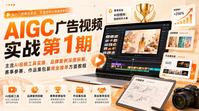 AIGC广告视频实战第1期，主流AI视频工具实操、品牌案例深度拆解、赛事参赛、作品集包装商业接单方面教程-副业网