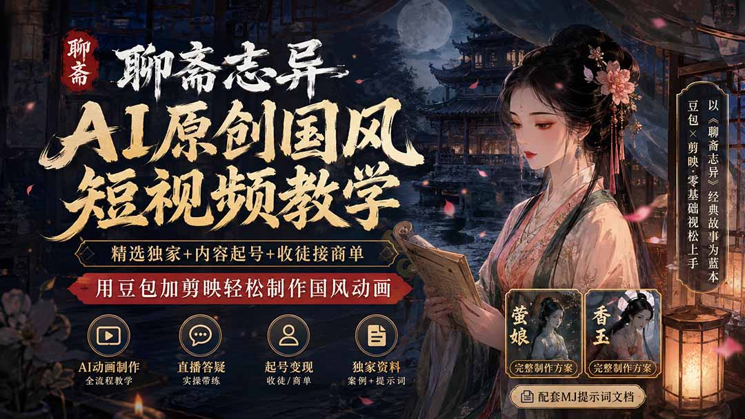 聊斋志异AI原创国风短视频教学-更新；精选独家+内容起号+收徒接商单，用豆包加剪映轻松制作国风动画-副业网