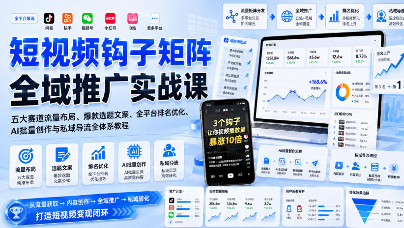 短视频钩子矩阵全域推广实战课｜五大赛道流量布局、爆款选题文案、全平台排名优化、AI批量创作与私域导流全体系教程-副业网