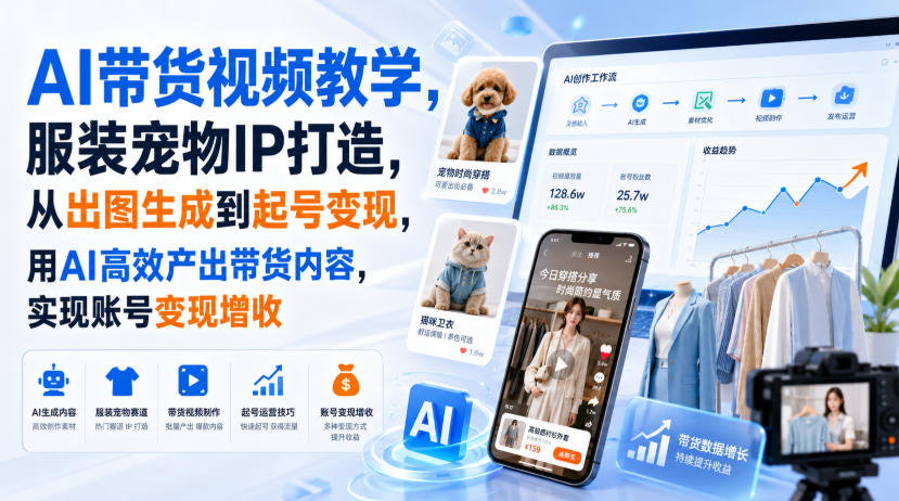 AI带货视频教学，服装宠物IP打造，从出图生成到起号变现，用AI高效产出带货内容，实现账号变现增收-副业网