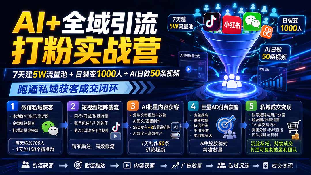 AI+全域引流打粉实战营：7天建5W流量池+日裂变1000人+AI日做50条视频，跑通私域获客成交闭环-副业网