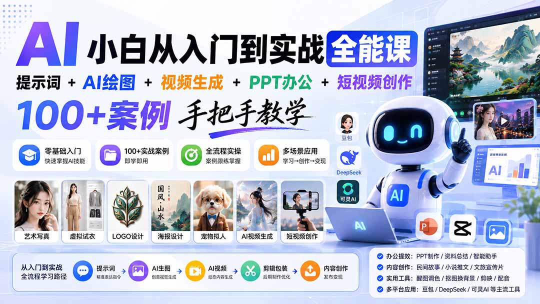 AI小白从入门到实战全能课：提示词+AI绘图+视频生成+PPT办公+短视频创作，100+案例手把手教学-副业网