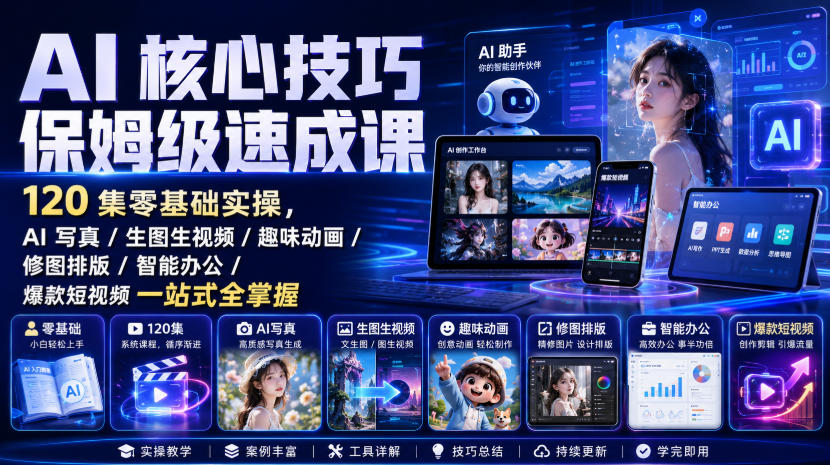 AI核心技巧保姆级速成课｜120集零基础实操，AI写真/生图生视频/趣味动画/修图排版/智能办公/爆款短视频一站式全掌握(更新)-副业网