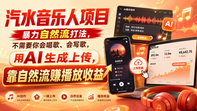 汽水音乐人项目，暴力自然流打法，不需要你会唱歌、会写歌，用AI生成上传，靠自然流賺播放收益-副业网
