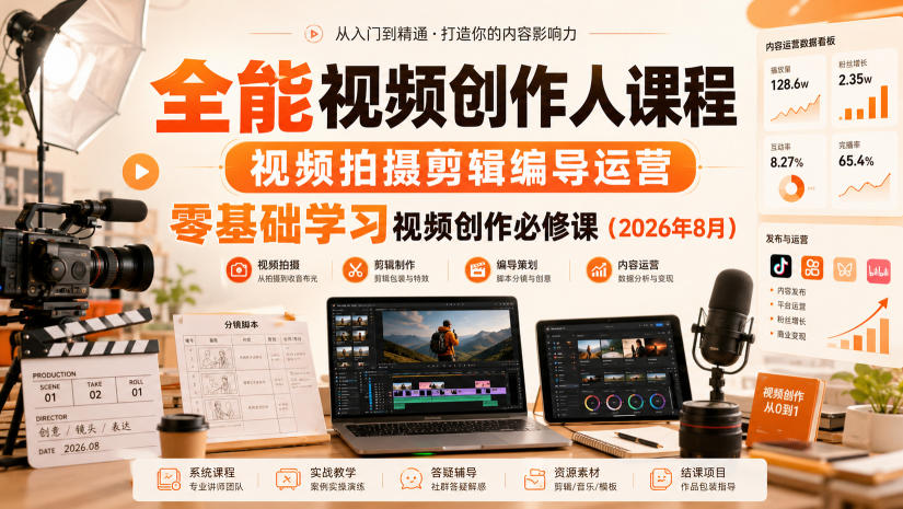 全能视频创作人课程，视频拍摄剪辑编导运营，零基础学习视频创作必修课(2026年8月)-副业网