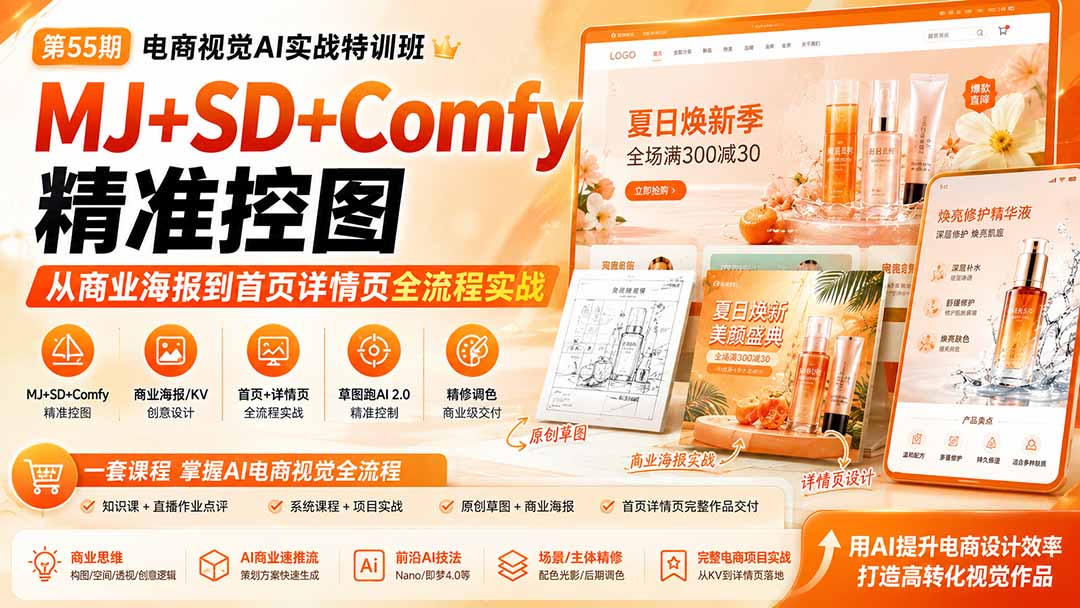 电商视觉 AI实战训练营第55期：MJ+SD+Comfy精准控图，从商业海报到首页详情页全流程实战-副业网