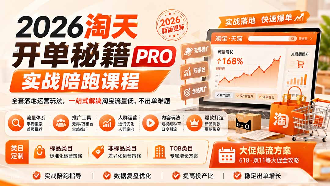 2026淘天开单秘籍PRO实战陪跑课程：全套落地运营玩法，一站式解决淘宝流量低、不出单难题(更新260823-副业网