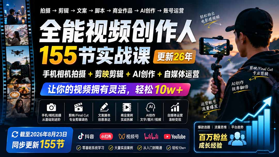全能视频创作人155节实战课-更新26年8月：手机相机拍摄+剪映剪辑+AI创作+自媒体运营，让你的视频拥有灵活，轻松10w-副业网