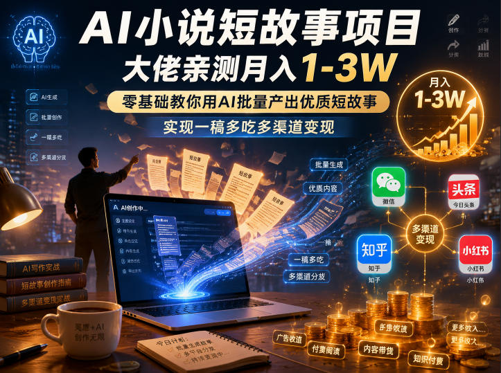 AI小说短故事项目，大佬亲测月入1-3W，零基础教你用AI批量产出优质短故事，实现一稿多吃多渠道变现(更新0824)-副业网
