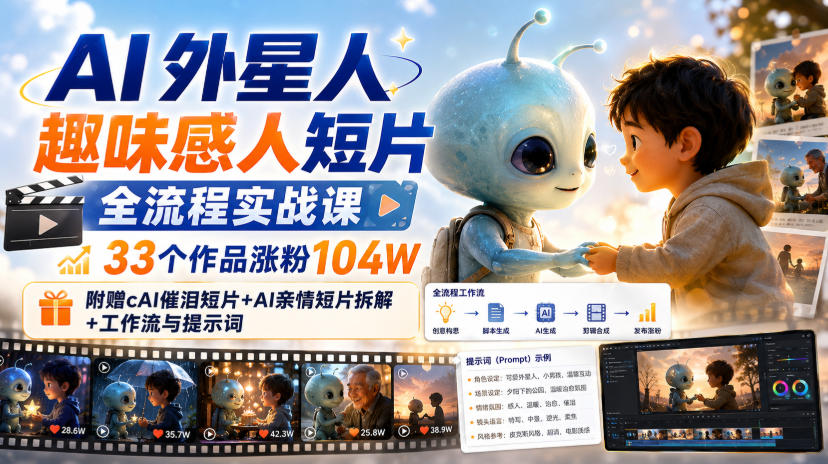 AI外星人趣味感人短片全流程实战课，33个作品涨粉104W，附赠AI催泪短片+AI亲情短片拆解+工作流与提示词-副业网
