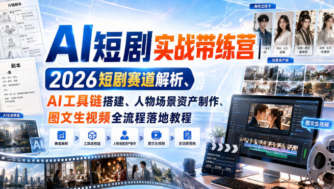 AI短剧实战带练营｜2026短剧赛道解析、AI工具链搭建、人物场景资产制作、图文生视频全流程落地教程-副业网
