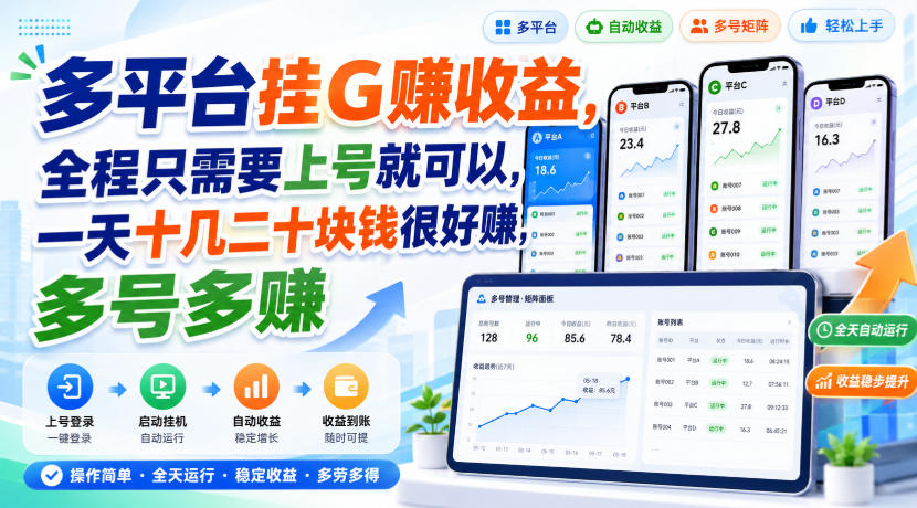 多平台挂G賺收益，全程只需要上号就可以，一天十几二十块钱很好賺，多号多賺【揭秘】-副业网