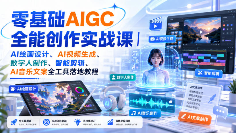 零基础AIGC全能创作实战课｜AI绘画设计、AI视频生成、数字人制作、智能剪辑、AI音乐文案全工具落地教程-副业网